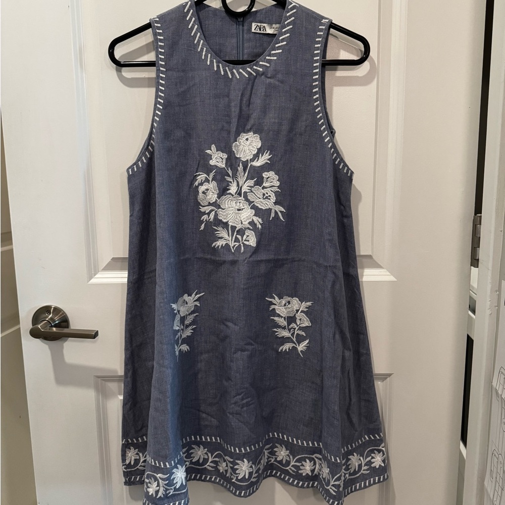Zara Light Blue mini dress with White floral embroidery
